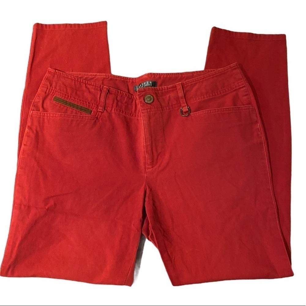 Lauren Ralph Lauren Red Straight Leg Pants Sz 10 Suede Trim Horseshoe